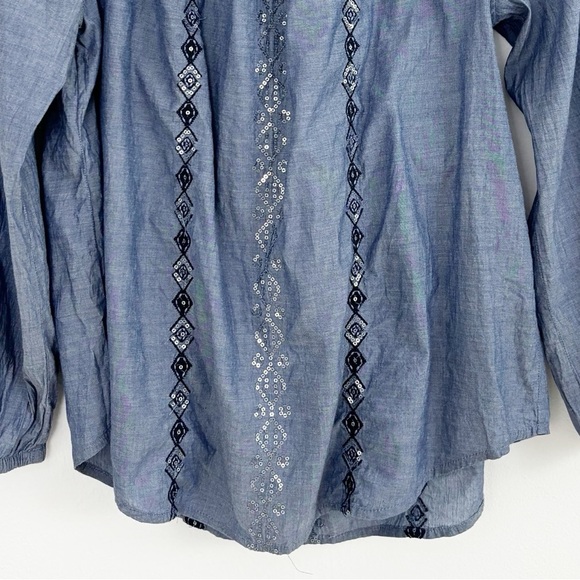 Chico’s 100% Cotton Chambray Embroidered Sequins Coastal Long Sleeves Size 2 - Picture 6 of 16